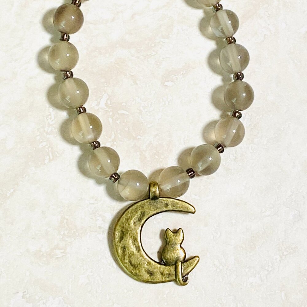Dark Moonstone Bronze Cat on the Moon Short Necklace, Genuine Gemstone Choker